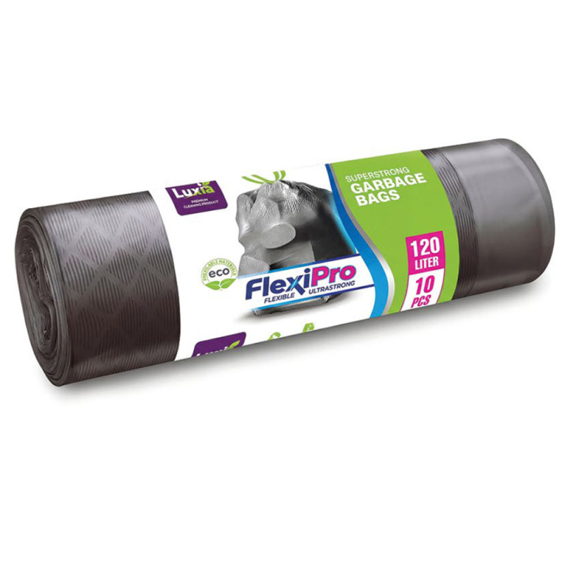 Sac menajer LDPE Luxia cu șnur, Flexipro Silver, superetanș 120 L, 10 buc (541246)